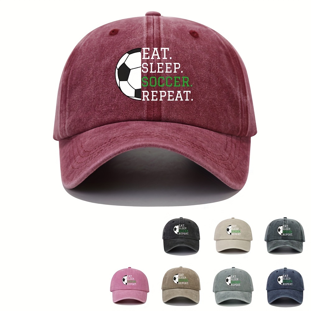 

Adjustable Cotton Baseball Cap With Soccer Slogan "eat. Sleep. Soccer. Repeat." Vintage Washed Distressed Look Peaked Hat, Curved Brim Sun Protection Dad Hat