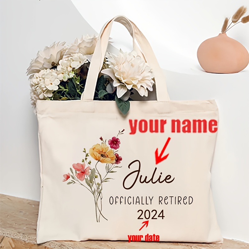 

1pc Custom Retired Est Design Tote Bag Made Of Canvas, Personalized With Name And Date, A Perfect Retirement Gift For Grandma, Suitable For Retirement Celebrations, And Features A Retired Under Theme.