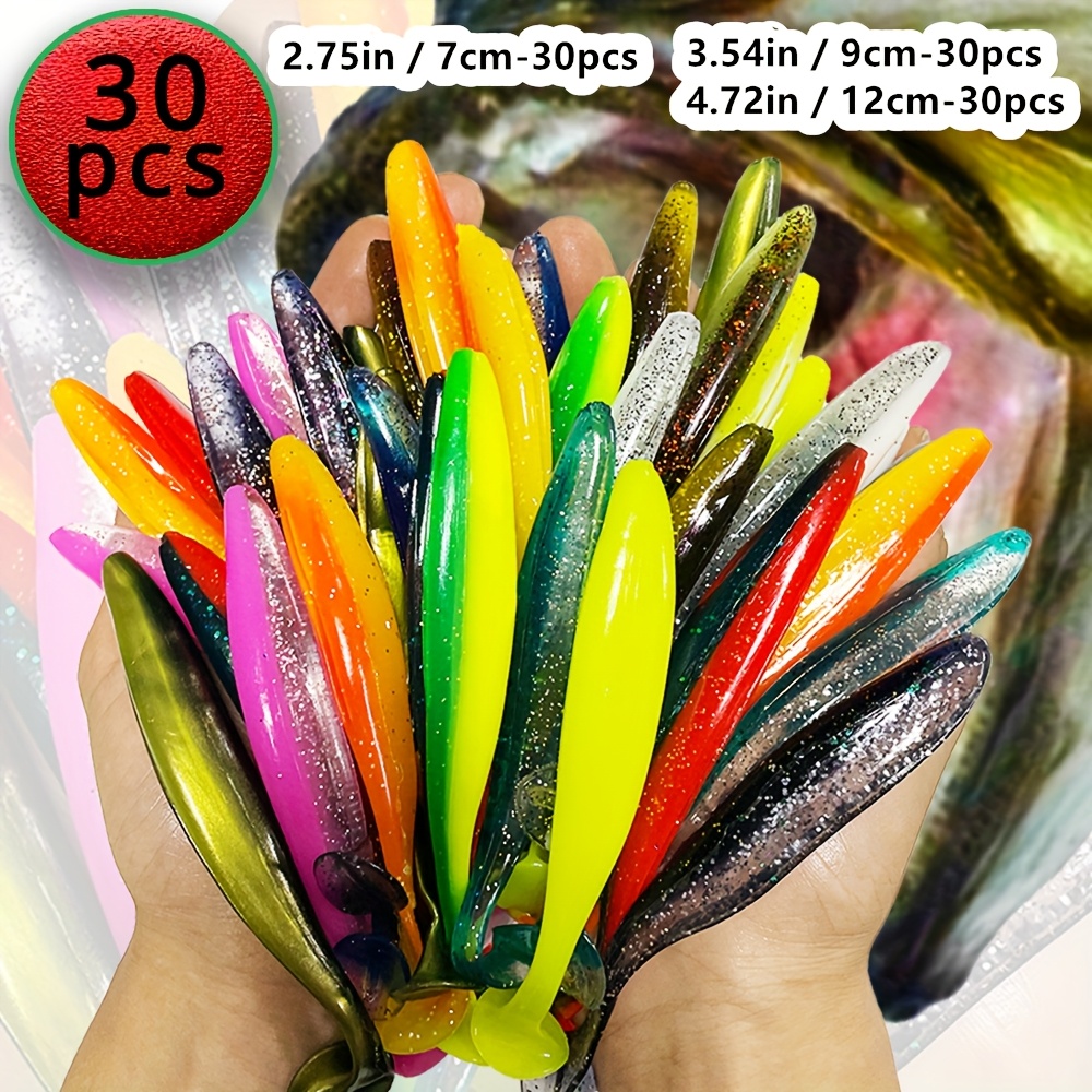 

30pcs Glittery T-tail Soft Set For Bass Fishing - Realistic Swimming Action, Pvc, Assorted Colors (2.75in/7cm, 3.54in/9cm, 4.72in/12cm) - Ideal For Perch & , Fishing