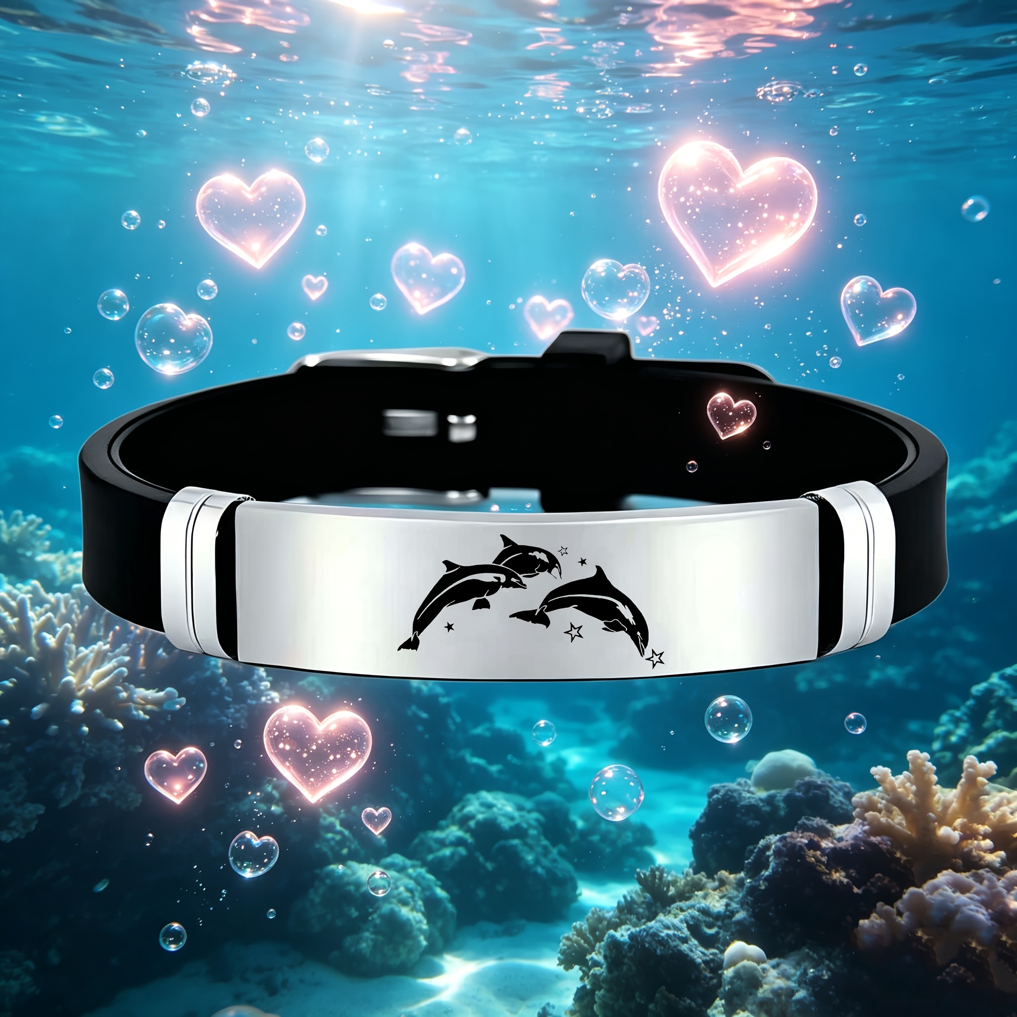Dolphin and Star Design Stainless Steel Silicone Bracelet