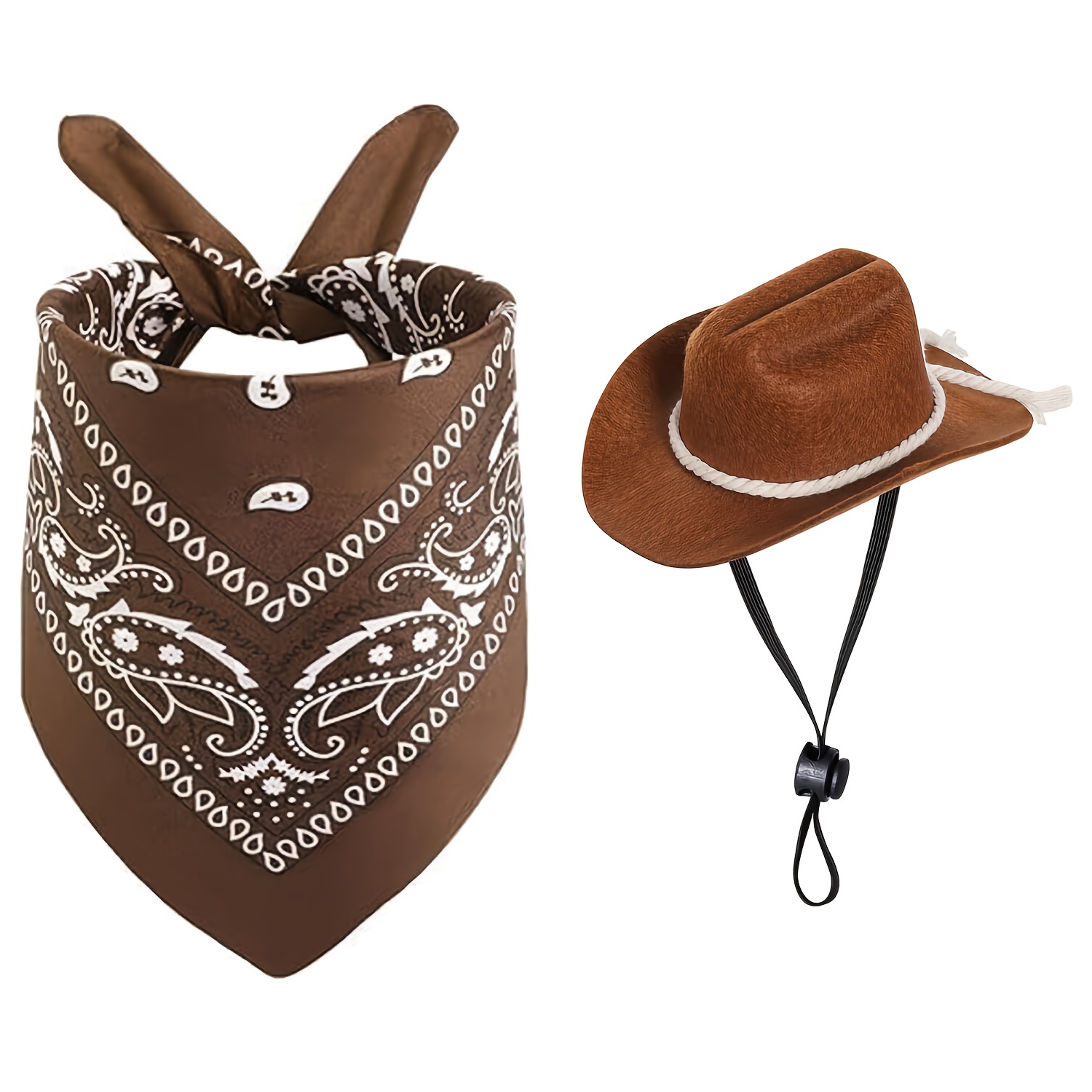 E-shop 2-teiliges Mini-Western-Cowboy-Kostüm-Set für kleine Hunde mit Hut & Bandana – Weicher brauner verstellbarer Pfoten-Druckknopf-Hut & weißes