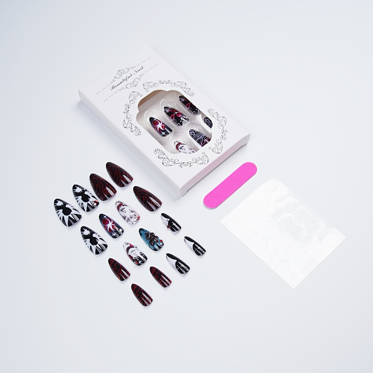 TEMU 24pcs Faux Ongles Anime à Coller, Moyenne, Ongles Faux Manga Noirs Peints à avec Fleurs 3D et Strass, Ongles Brillants Réutilisables à Coller