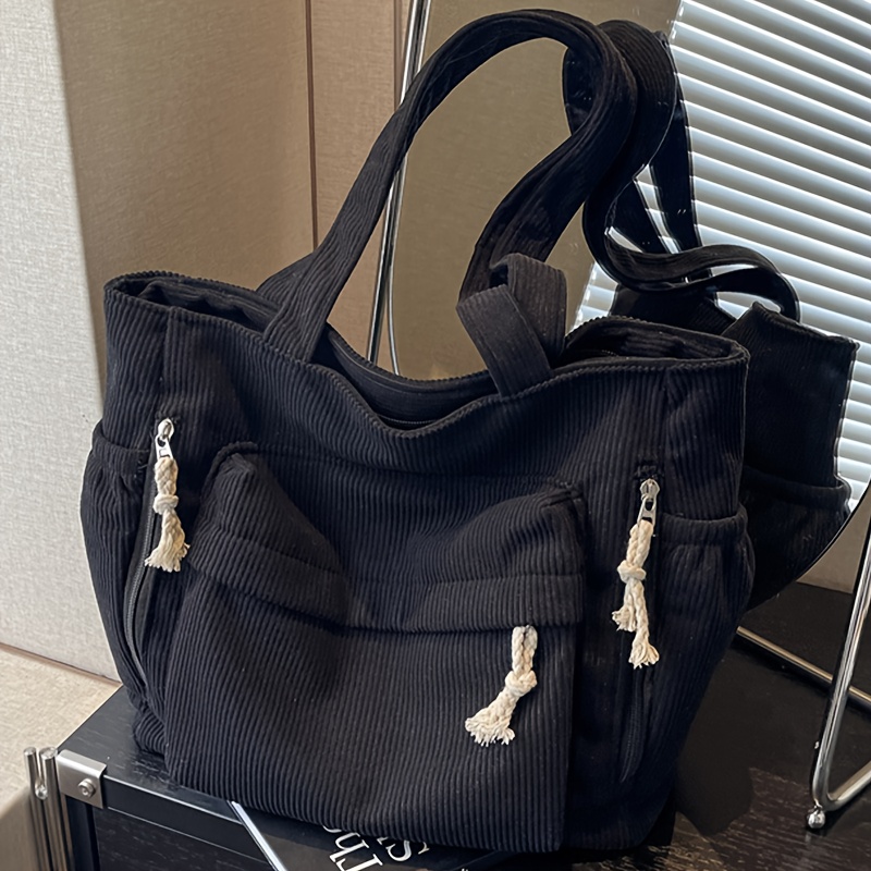 TEMU A Stylish Solid Color Corduroy Large Capacity Shoulder Bag, A Easy And Versatile Striped Tote With Multiple Compartments, Square Bag Shape