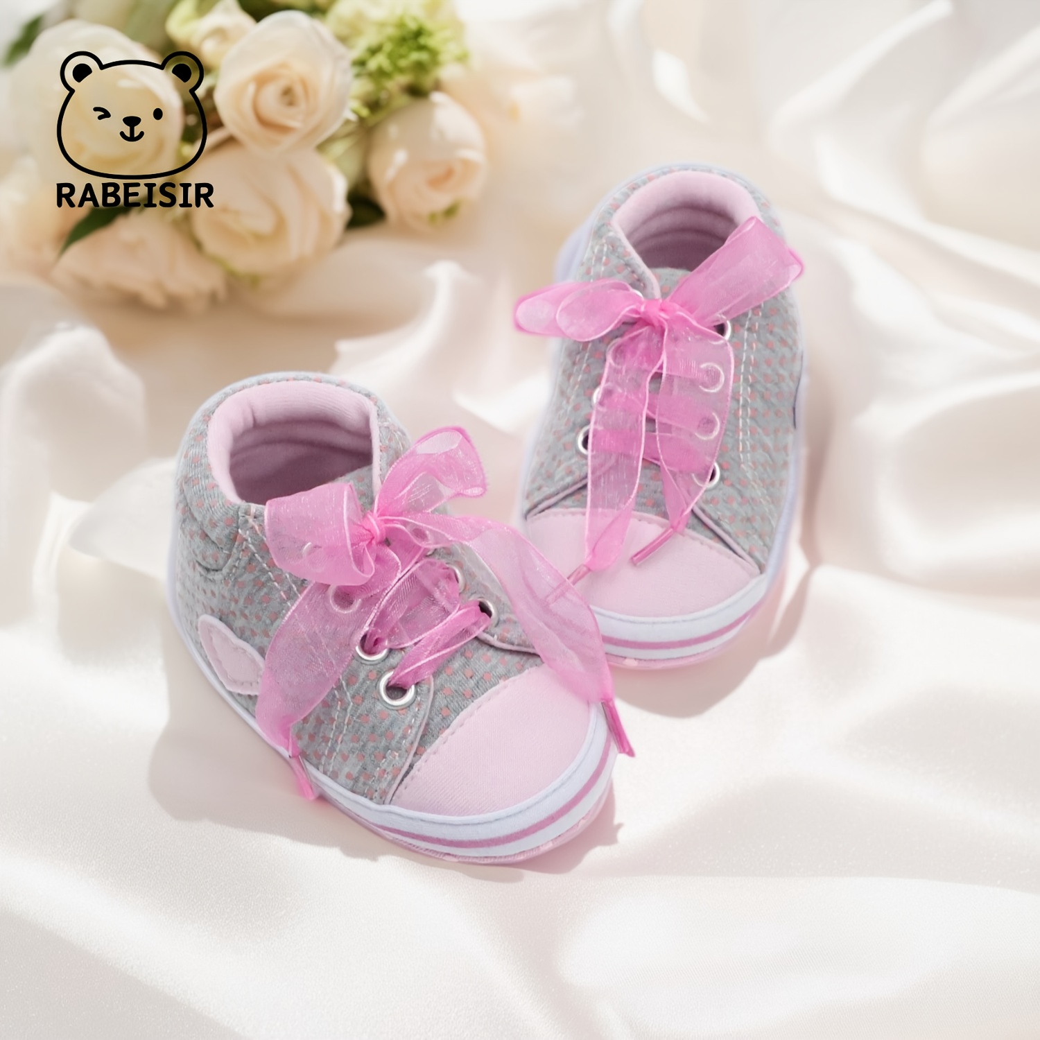 RABEISIR Adorable Heart- Walking Shoes - Soft Fabric Footwear with Pink Ribbon Accents, Lace-Up Closure for Infants & Toddlers - Ideal for Casual Gatherings & Winter, Pink Ribbon Detail, RABEISIR