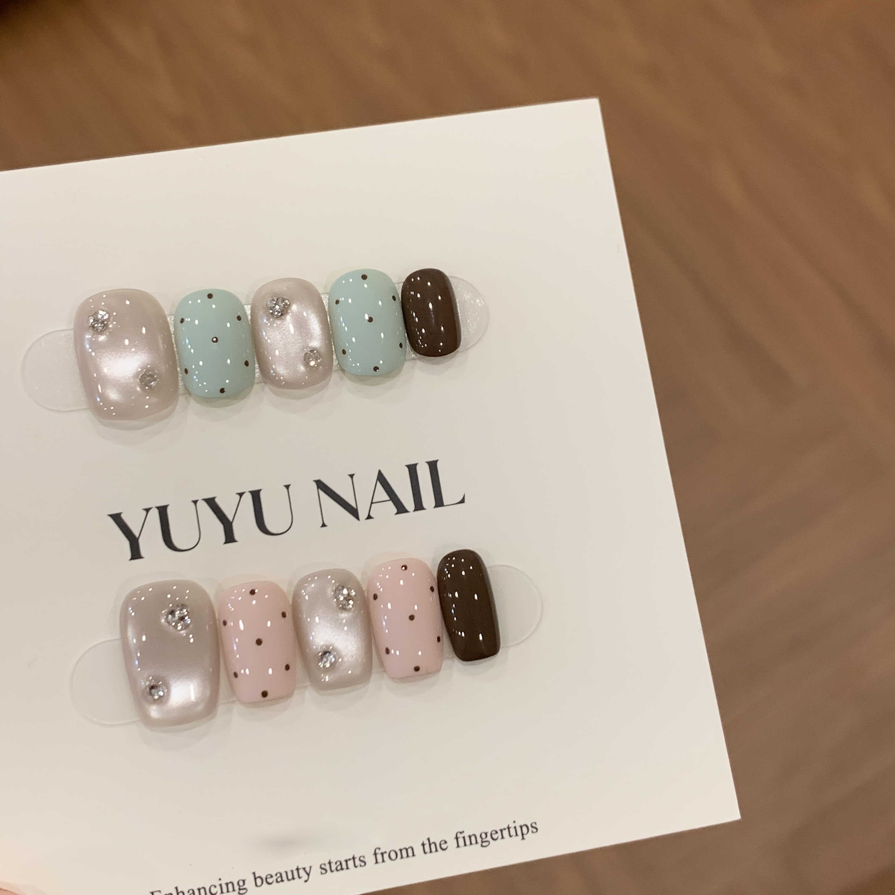 TEMU 10pcs Handmade Press On Nails Suitable For Spring/daily/office Looks - Pastel Cat Eye Rhinestone & Polka Dot Short Square False Nails With