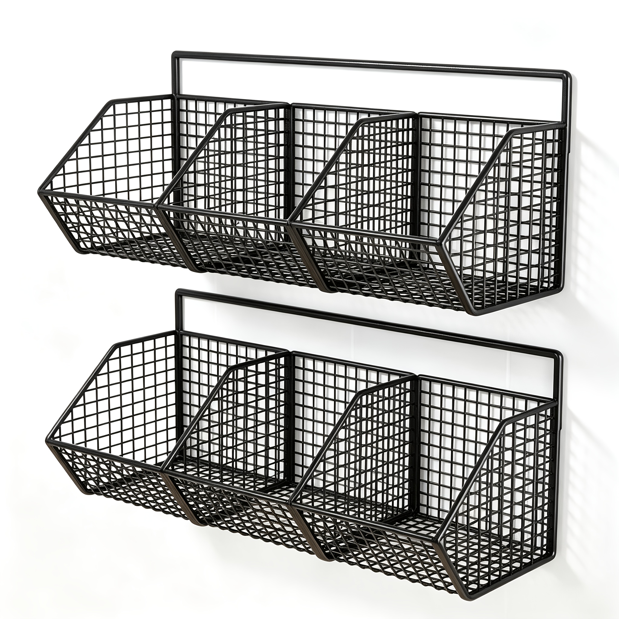 TEMU 2 Pack 3 Compartment Wall Mounted Storage Baskets No Drill Tool Free Mesh Wall Organizer Black Metal Wire Rack Multi Purpose Hanging Shelf For