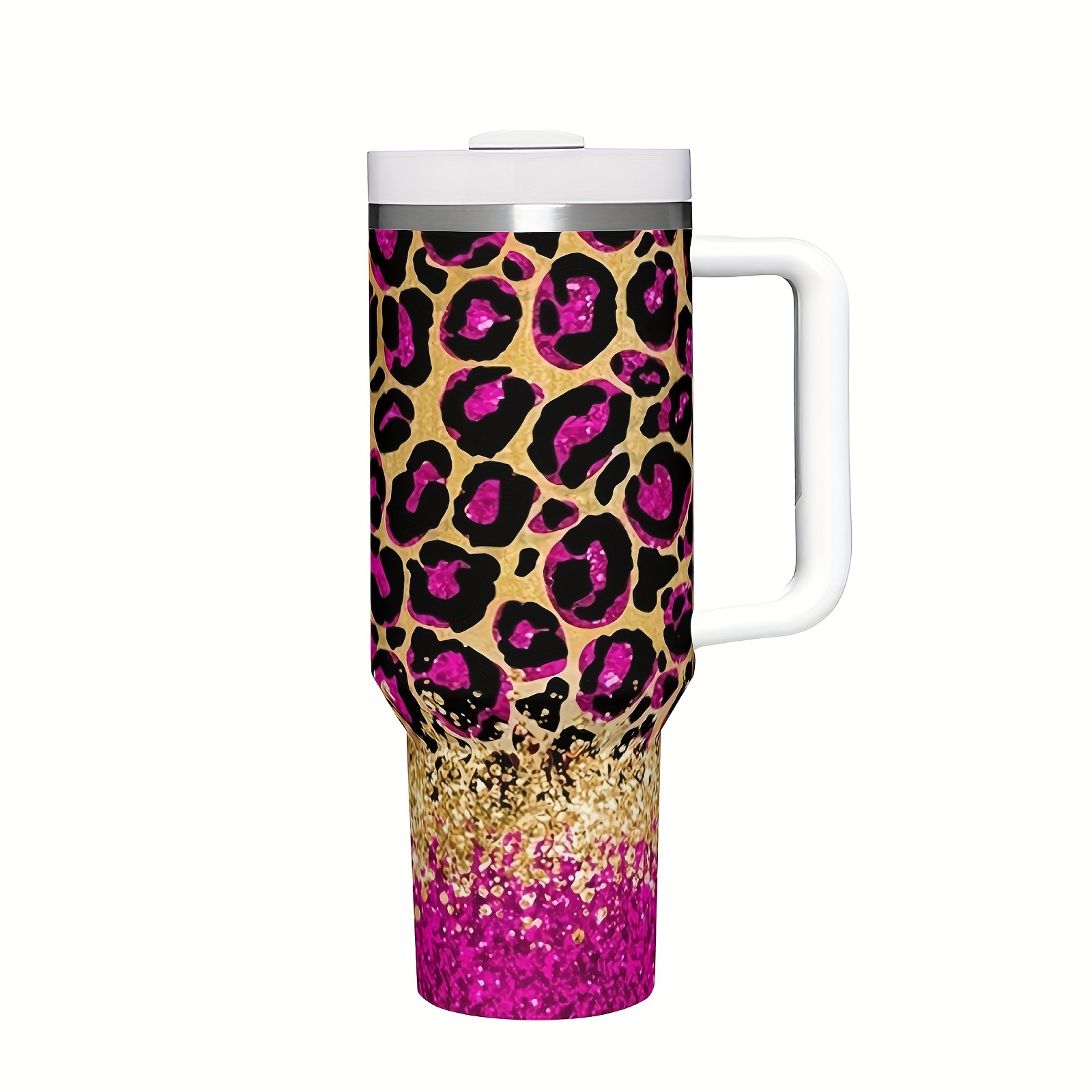 

Leopard Print Insulated Tumbler With Handle And Straw - 1pc 40oz 304 Stainless Steel Travel Mug, Cold Retention, Great For Outdoor Use, 14+ Age Group