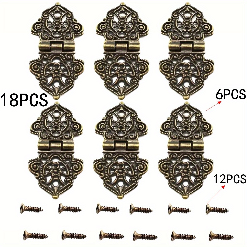 E-shop 18-teiliges Set: 6 Zinklegierung bedruckte Türscharniere + 12 Schrauben – Dekorative Holzkasten-Türscharniere mit Schrauben, langlebige