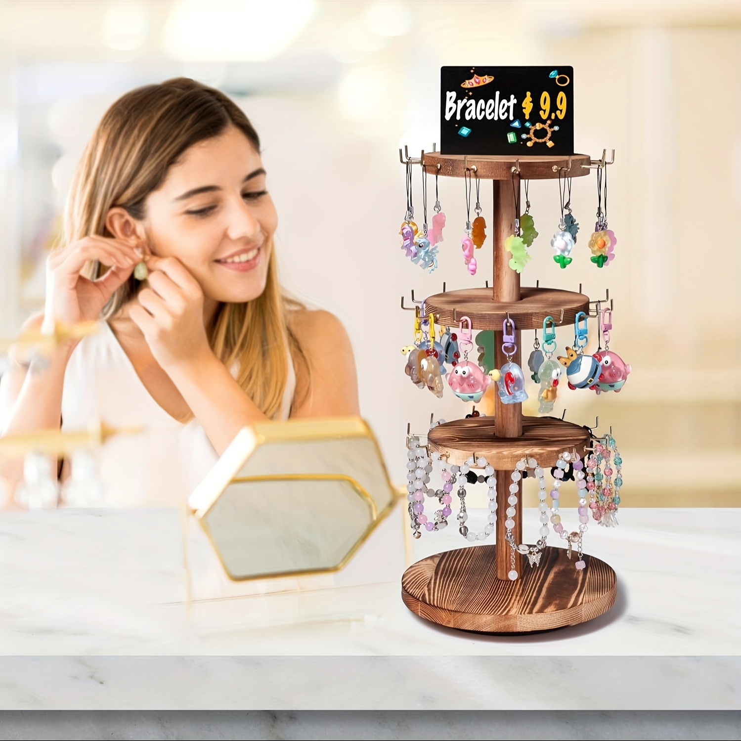 Natural Wood Rotating Jewelry Organizer - Multi-Tier Rack