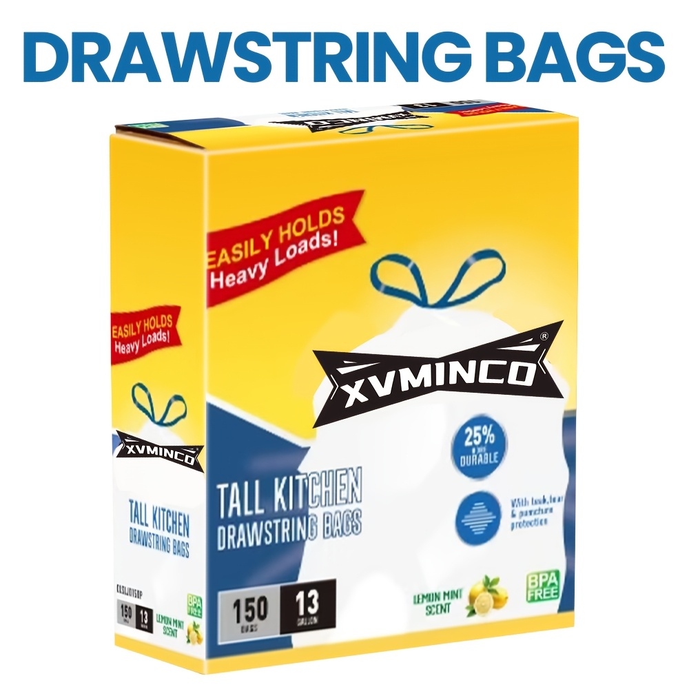 TEMU 13-gallon Heavy-duty Pull-out Rope Garbage Bag |3roll 150pcs White Garbage Bag, Mint Fragrance, Deodorizing Technology, Ripping And