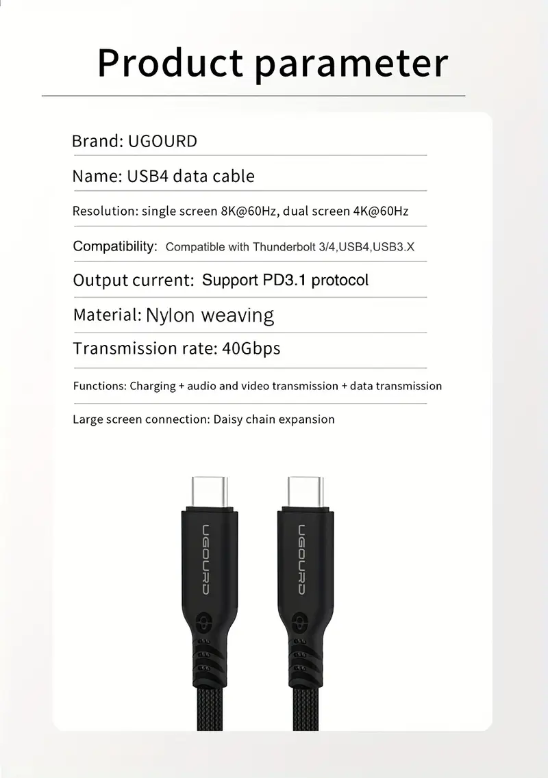 thunderbolt4 cable type c to c cable compatible with thunderbolt3 usb3 2gen2 2 usb3 1 usb3 0 usb2 40 max compatible with pd3 1 charging dp alt mode dp1 4 displayport1 4 8k60hz uhd video transfer for pad phone laptop pc ps5 switch dock station ssd box Product details 11