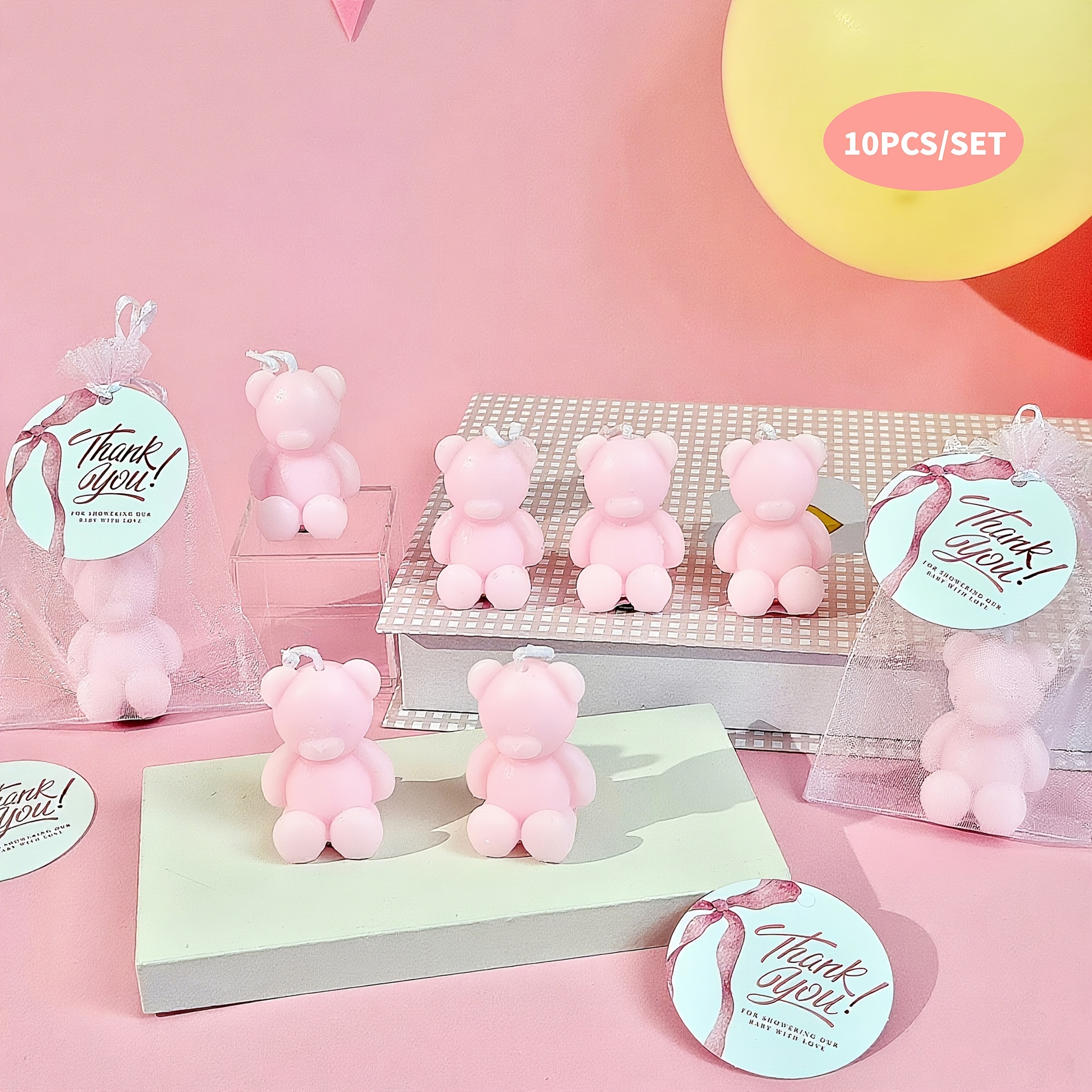 10 Sets Baby Shower Pink Candle Sets, Includes 10 Mini Bear Candle With 10 Thank You Card And 10 Organza Bags, For Baby Shower Wedding Gender Reveal Birthday Party Guests Gift