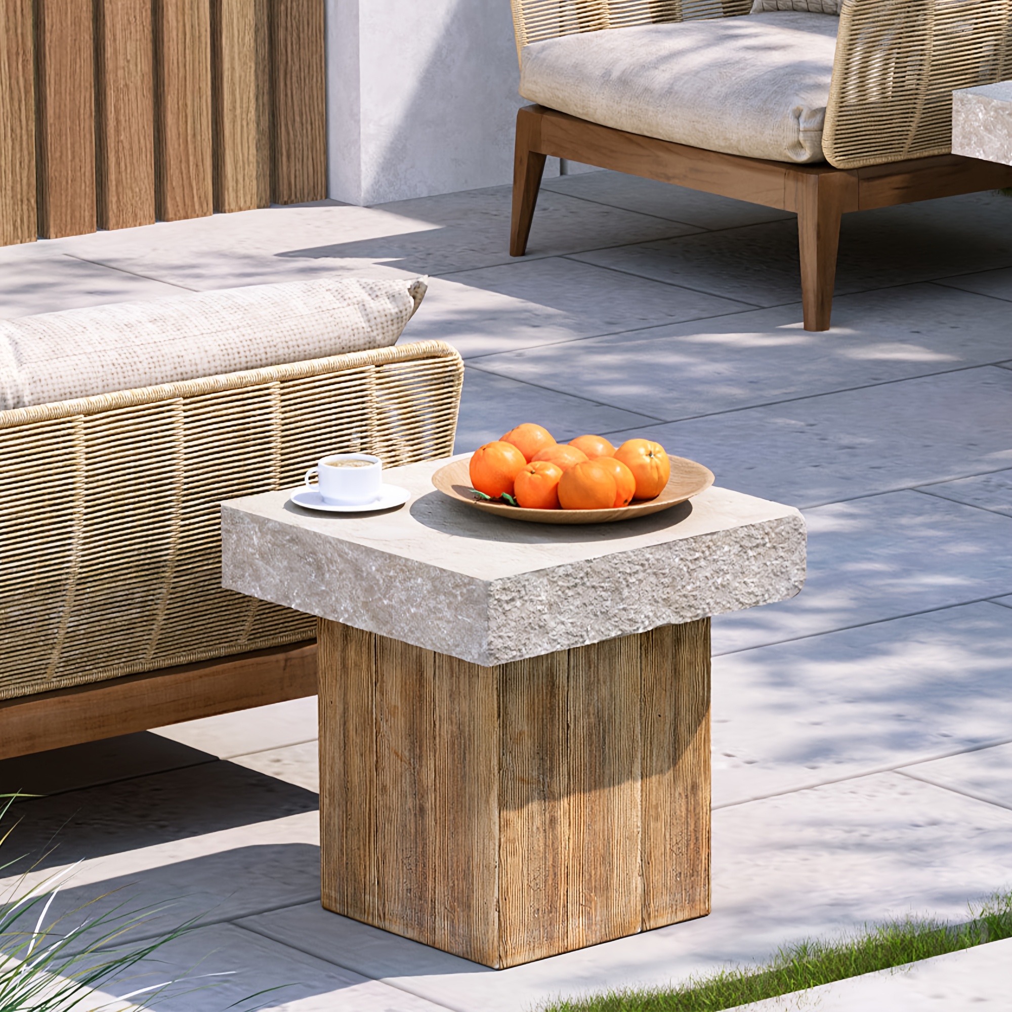 Wood Grain And Stone Patchwork Side Table, Magnesium Oxide End Table in Square Or Round Shape - Modern Accent Table for Living Room, Bedroom, Balcony - Plant Stand