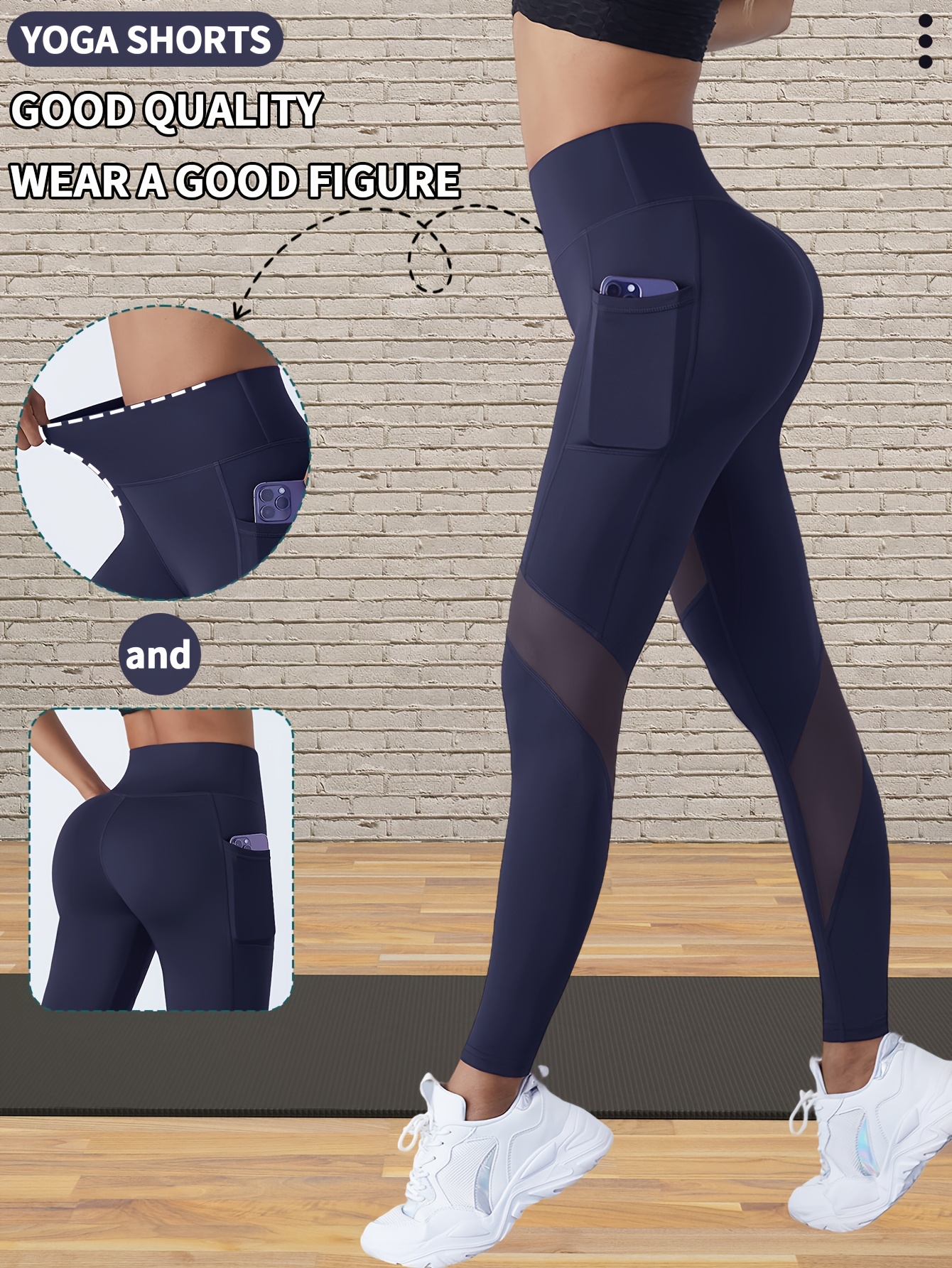 Yoga Tights with Abdominal Reduction and Contrast Color Mesh Fitness Gym Tights with Side Phone Pockets Yoga Leggings