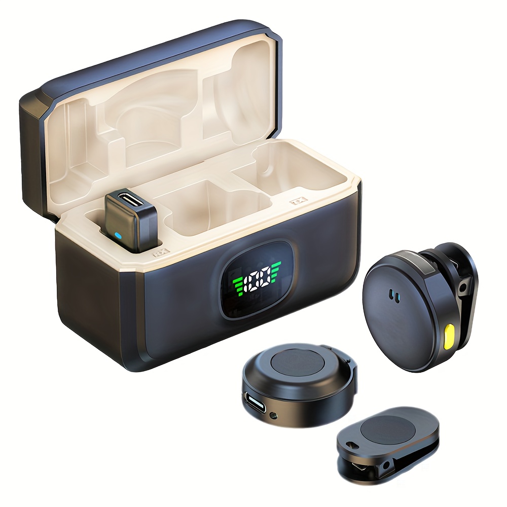 item picture   professional wireless wireless lavalier microphone with   c charging case led display portable wireless mic for smartphones cameras pcs podcasting live streaming recording compatible  