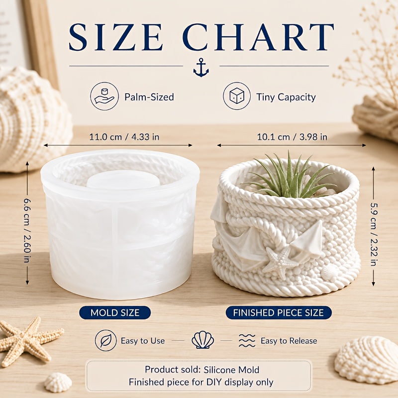 Image of 3d Nautical Theme Silicone Mold For Resin Casting Clay, Anchor Starfish Rope Planter Mold For Cement Concrete, Flower Pot Mold For Succulents, Beach House Decor Crafting Tool