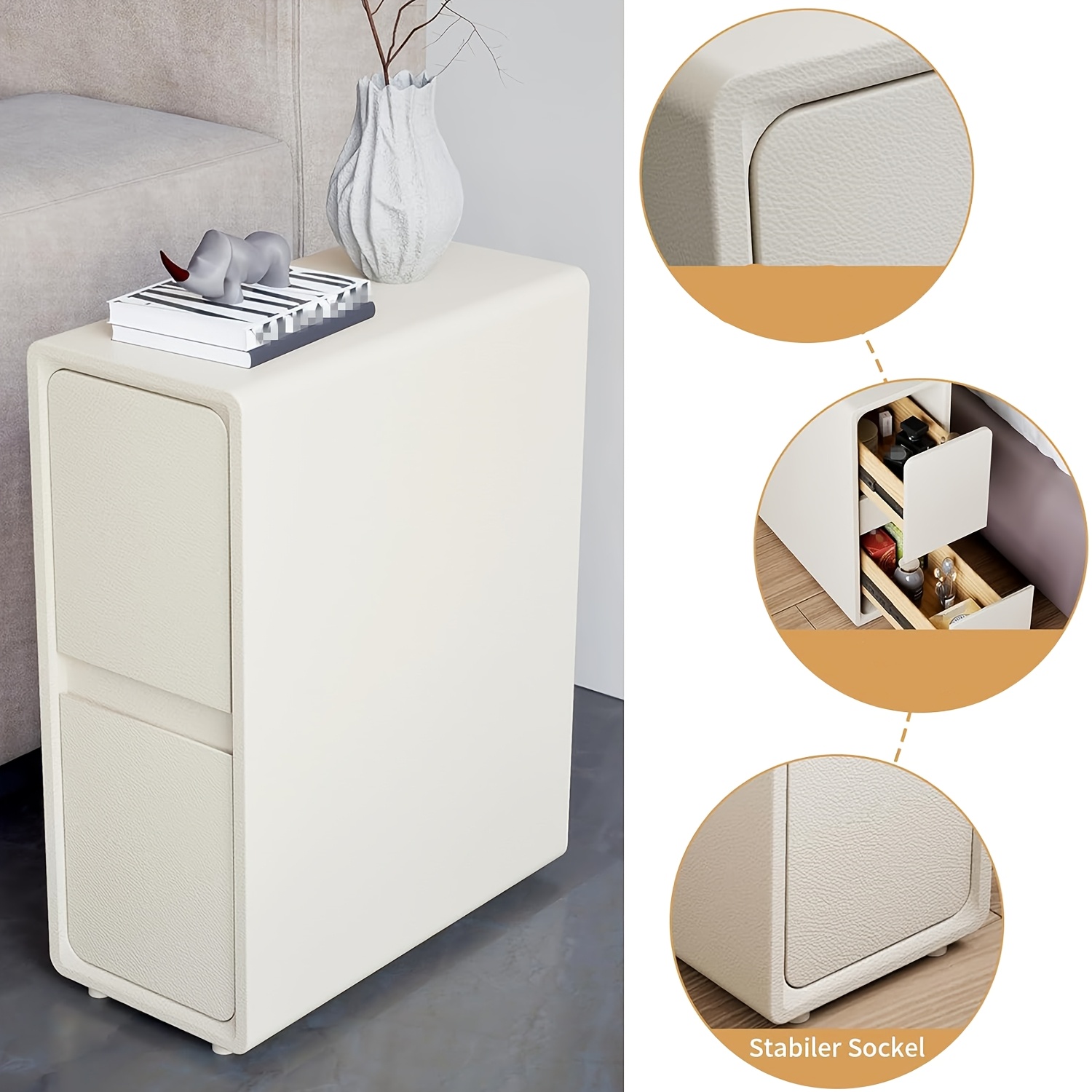 Bedside Table, Narrow Design With 2 Silent Drawers, 20cm Wide, Solid Wood Main Body, , No , Suitable For Bedroom And Living Room