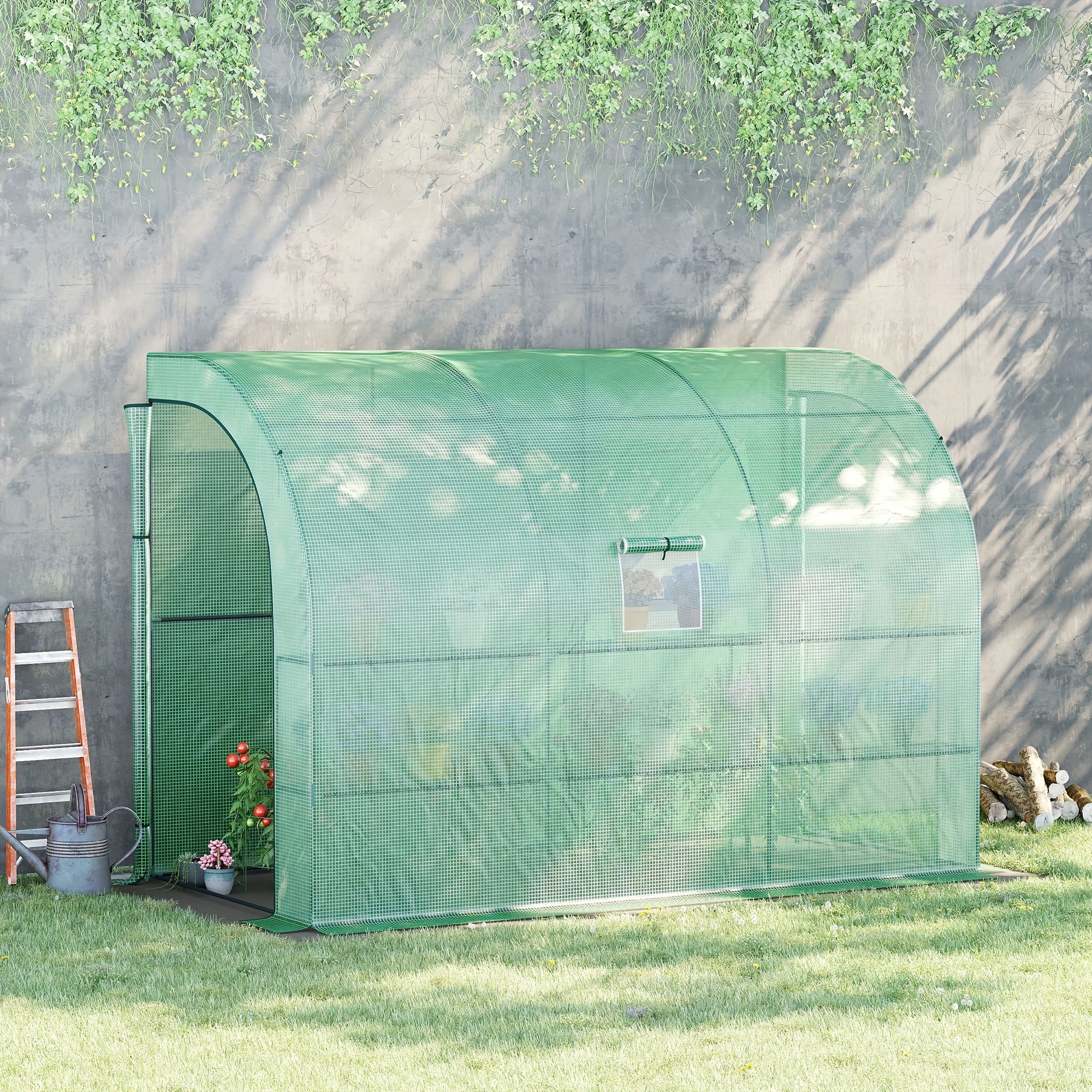 

Outsunny 10' X 5' X 7' Lean To Greenhouse, Walk-in Green House, Plant Nursery With 2 Roll-up Doors And Windows, Pe Cover And 3 , Green