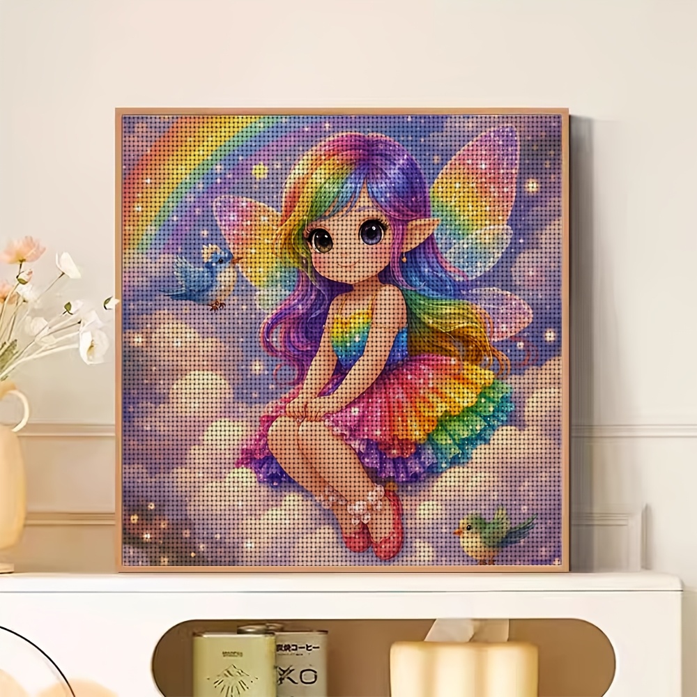 Frameless Cross-Stitch Printed Kit, Rainbow Fairy Sitting Among Clouds