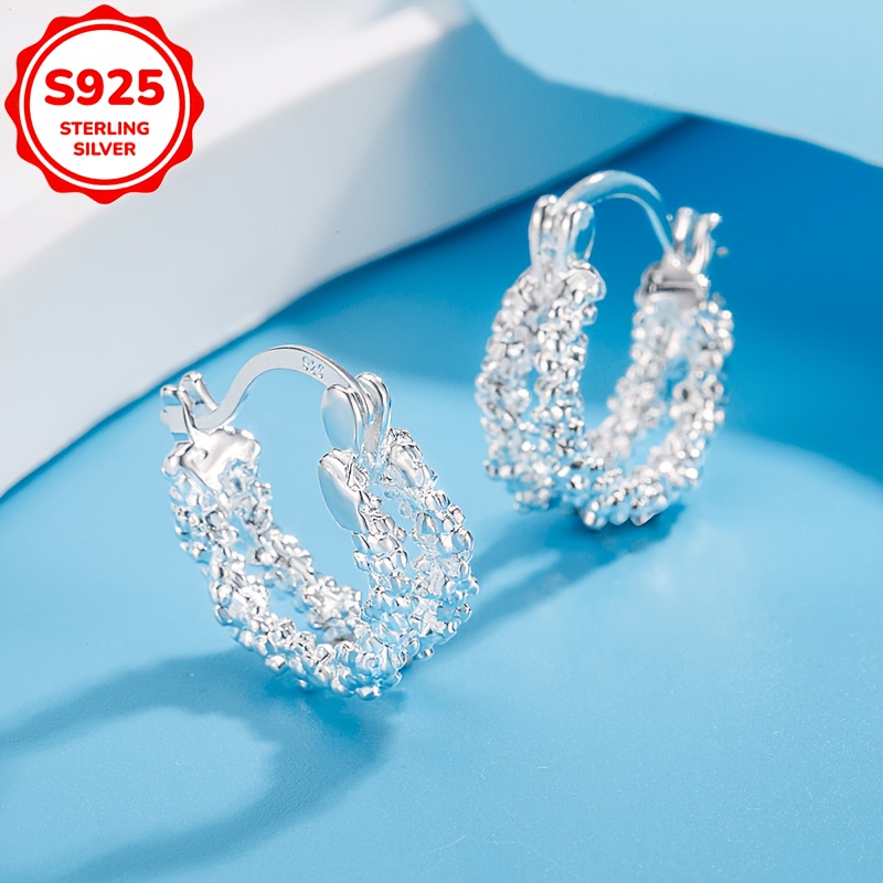 TEMU 1pc S925 Silver Double-layer Crushed Silver Ear Hooks With Design, Irregular Grain Texture, Suitable For Daily Commute And Parties, Gift