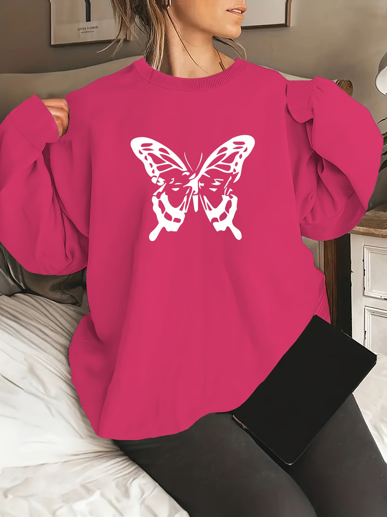 plus size butterfly print pullover sweatshirt casual long sleeve crew neck sweatshirt for fall spring womens plus size clothing