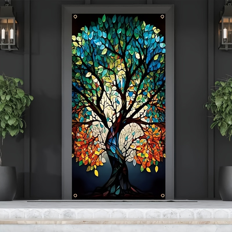 

2d Door Banner 1pc Tree Of Life Door Cover Banner, Polyester, No Electricity Needed, Farmhouse Front Door Decoration, With Leaves For Holiday Party Decor