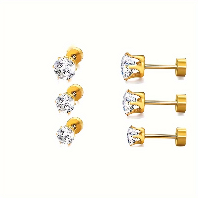 

3pairs Stainless Steel Round Cubic Zirconia Stud Earrings, 18k Gold Plated