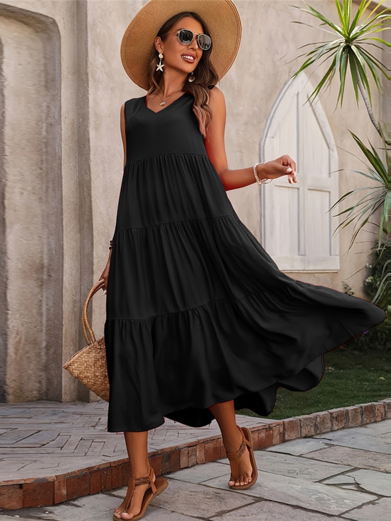 womens tiered tank dress summer sleeveless solid color a - Temu