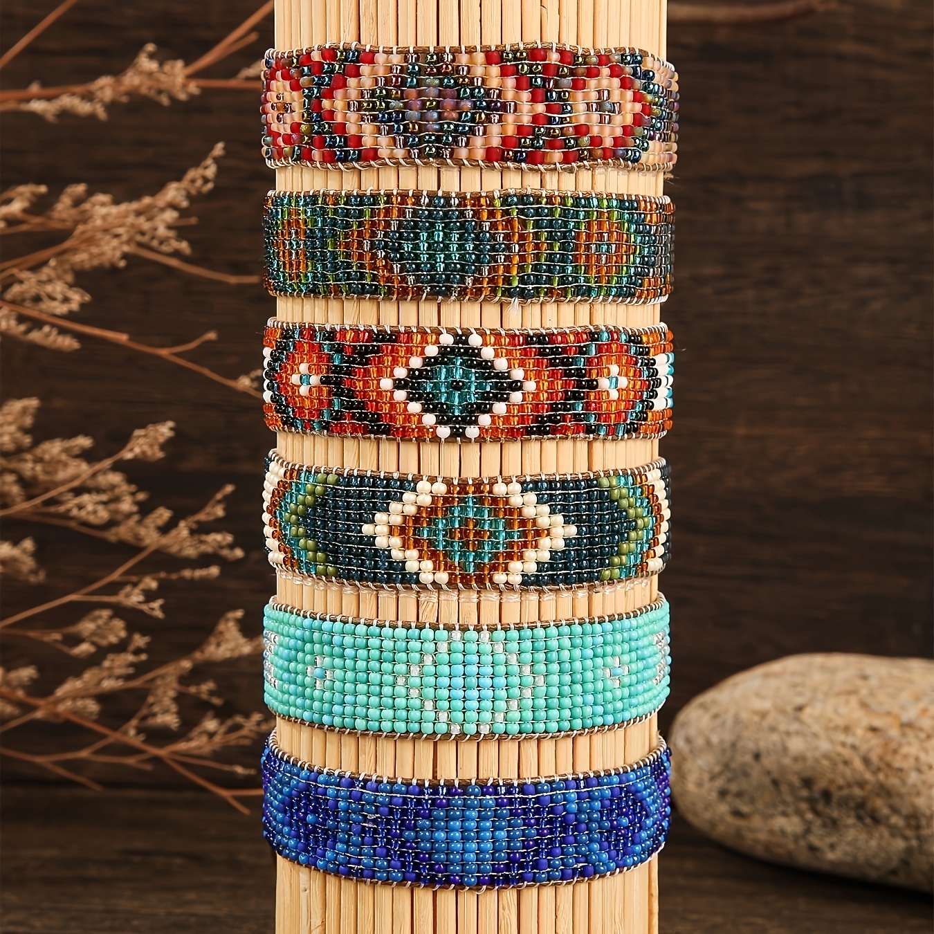 

1pc, Vintage Bohemian Style Geometric Pattern Glass Rice Bead Handmade Woven Beaded Women's Fashionable Beaded Bracelet Suitable For Daily Wear And Holiday Gifts