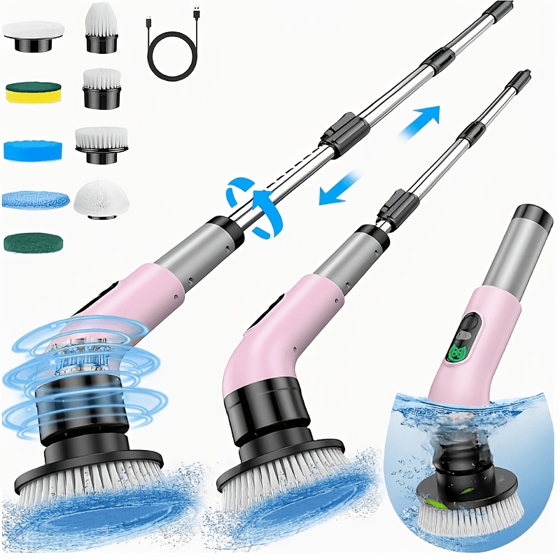 Electric Cleaning Brush: 8 Interchangeable Cleaning Heads, Brush, Sponge, Polishing Pad, Matte Head, Suitable For Tiles, Glass, Bathtubs, Kitchen Counters, Pink Handle And Retractable Design