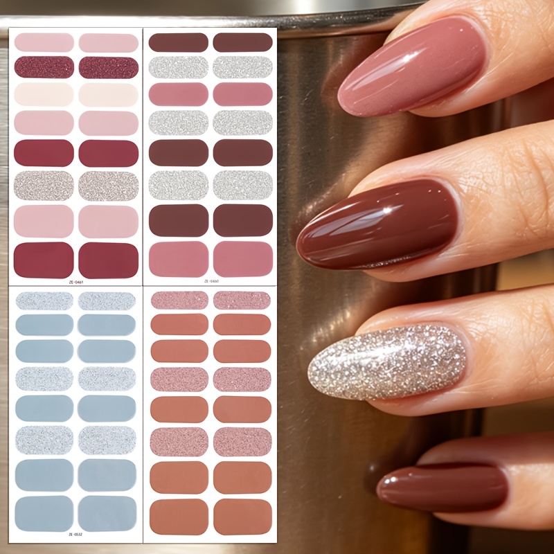 TEMU 64pcs Bandes de Vernis à Ongles, Rose Poussière, Bandes de Vernis à Ongles Complet, Bordeaux et Paillettes Argentées, Autocollants à Ongles