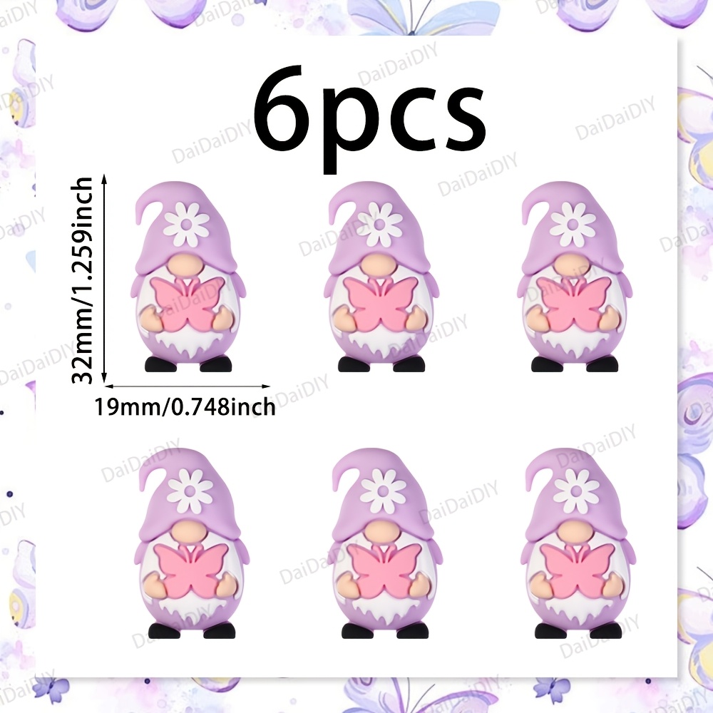 TEMU 6pcs 3d Gnome Silicone Beads- Purple 3d Gnome With Pink Butterflies Design Silicone Beads For Jewelry, Beaded Pen, Bracelets Making Accessories