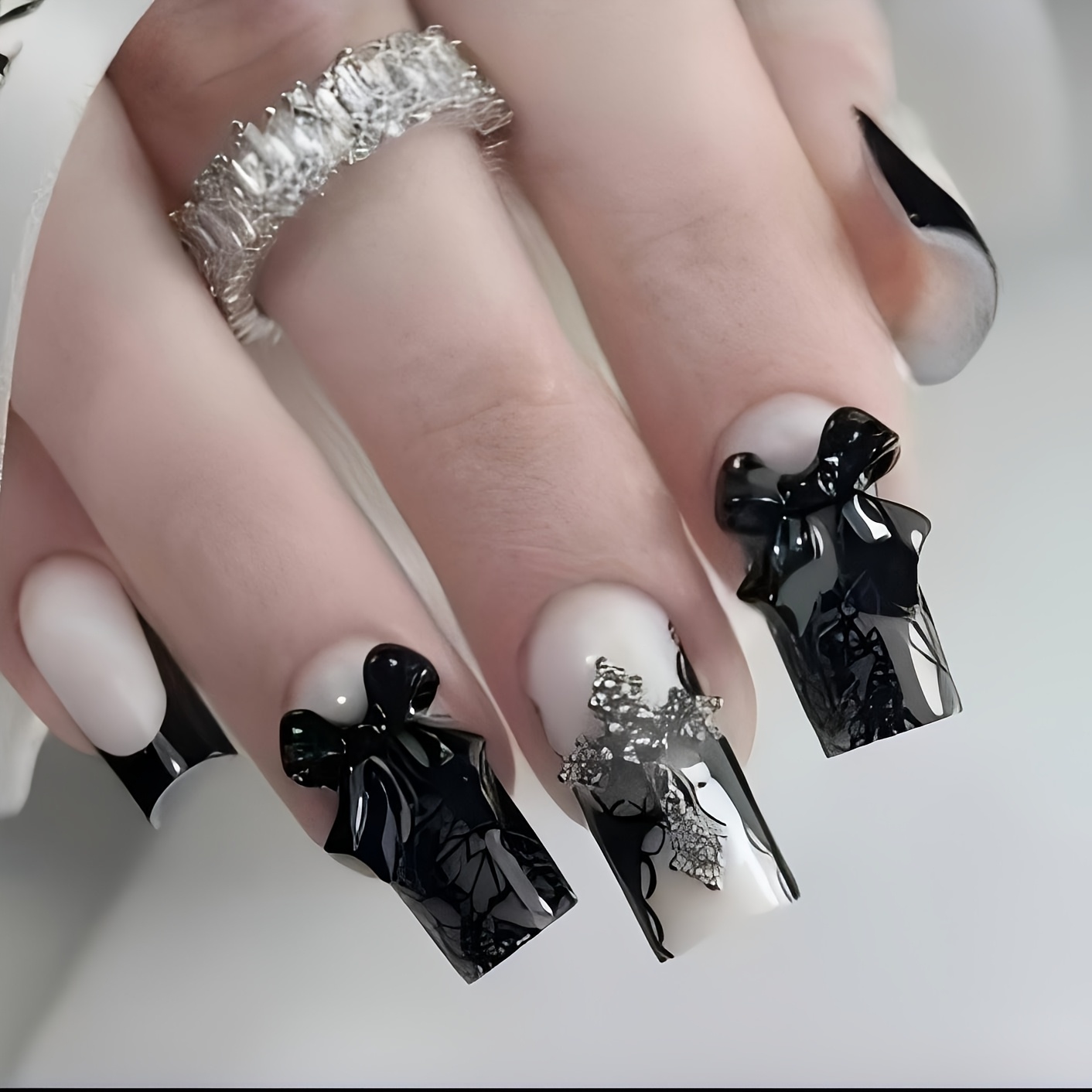 24pcs Rectangular Black Gothic False Nail Tips With 3d Bow And Cross Charms, Shiny Acrylic Y2k Lace Nail Art Design For Women And