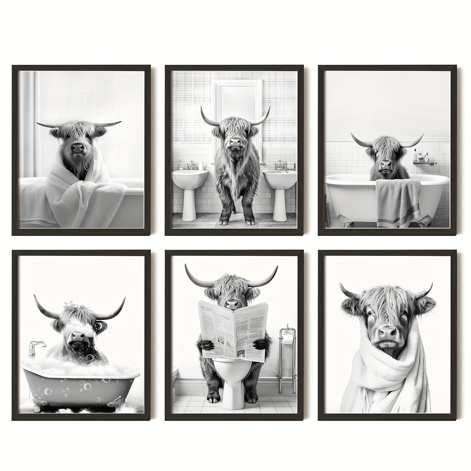 

Art Print Poster Decorated Bathroom Cow Picture Wall Decor - Fun Cow Bathroom Wall Art Print, Black And White Highland Cow Bathroom, Fun Animal Cow (8 "x10" X6pcs) Without Frame Eid Al-adha Mubarak