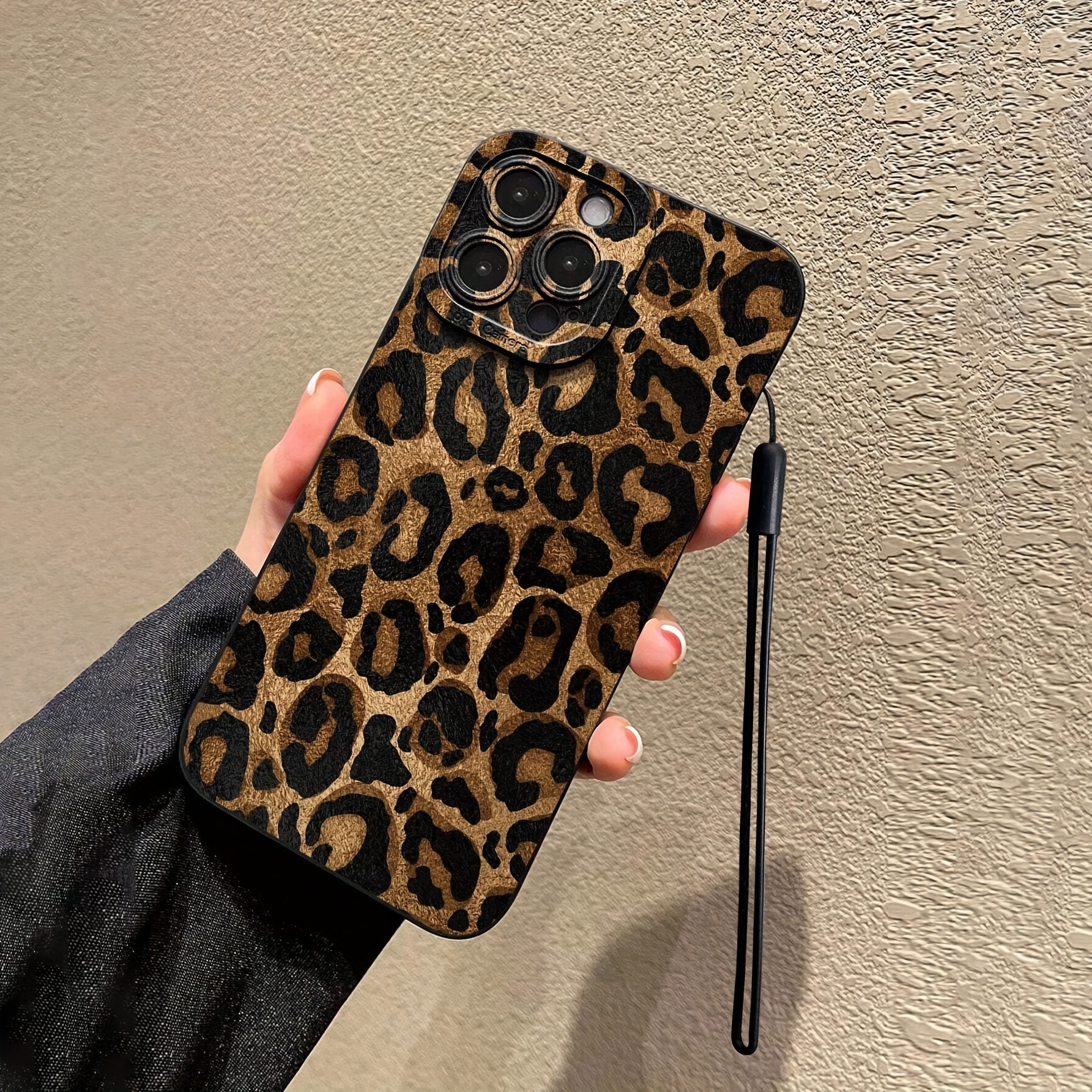 TEMU Full Screen Leopard Print With Hand Strap Black Frosted All-inclusive Anti-fall Mobile Phone Case Suitable For
