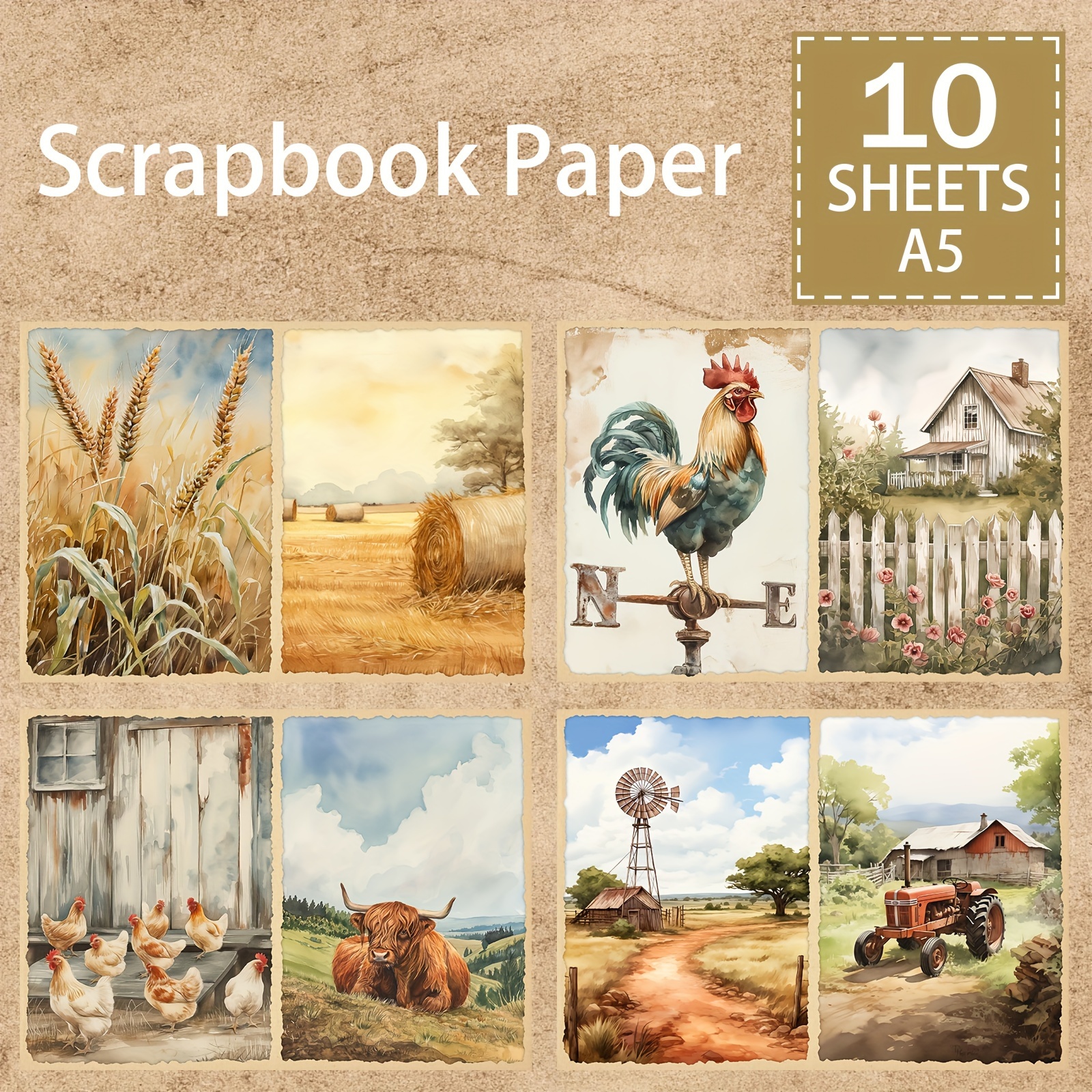 

10pcs A5 Size Farm Wheat Rooster Cow Horse Tractor Background Material Decoration Diy Retro Diary Trash Diary Greeting Card Planner Background Card Mat