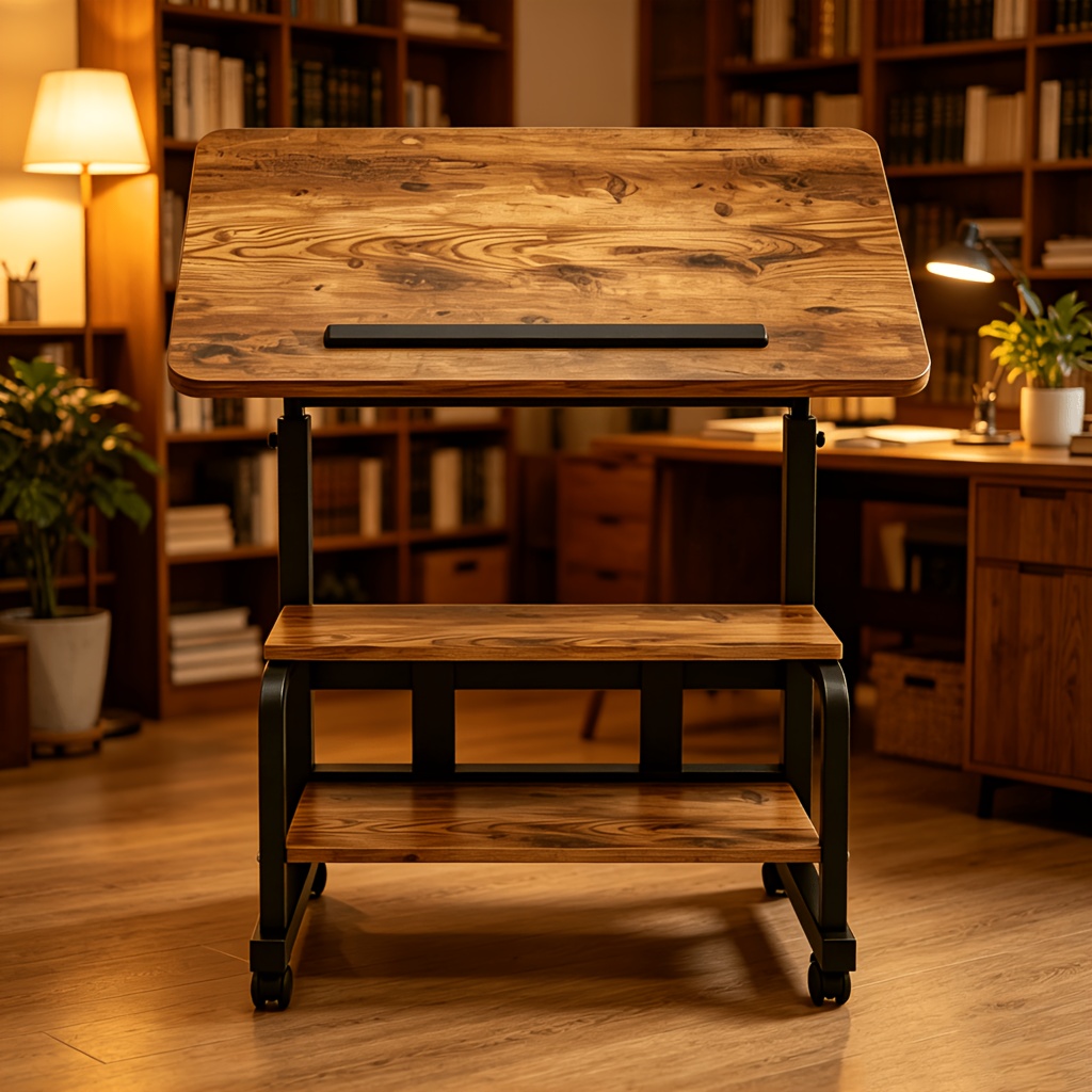 TEMU Portable Height-adjustable For Artist Desk, Natural Wood Grain Surface With Anti-slip Edge, Sturdy Metal Frame And Smooth Wheels, 2-tier Storage
