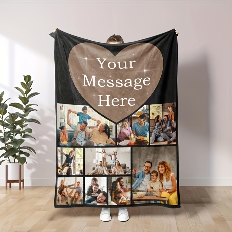 

Custom Photo Blanket With Text - Personalized Family & Friends Memory Throw, Soft Flannel, Machine Washable, For Couch, Bed, Office, Patchwork, Birthday & Anniversary