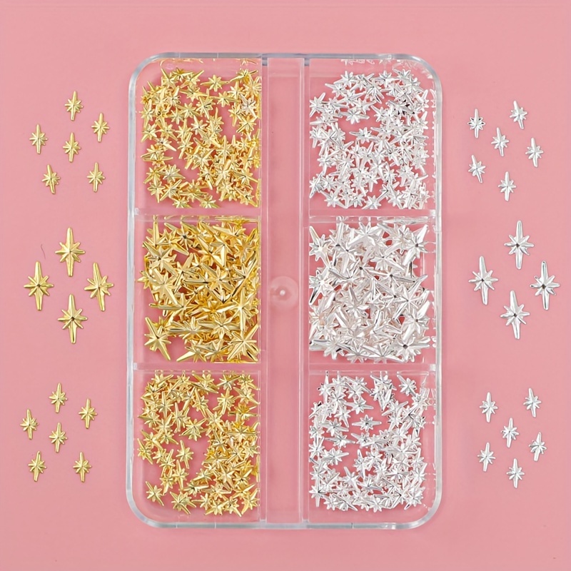 

430pcs/box Hypoallergenic Nail Art Set, 3d Golden & Silvery Star Charms, Mini Metal Copper Rivets, Diy Manicure Nail For Women & Girls