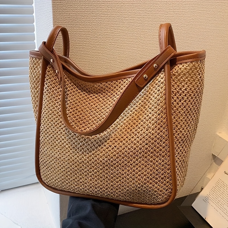 Women's Elegant Deep Brown Straw Beach Tote Bag Large Capacity Woven  Texture with Adjustable Strap Golden-Tan Hardware, Durable Nylon Lining 