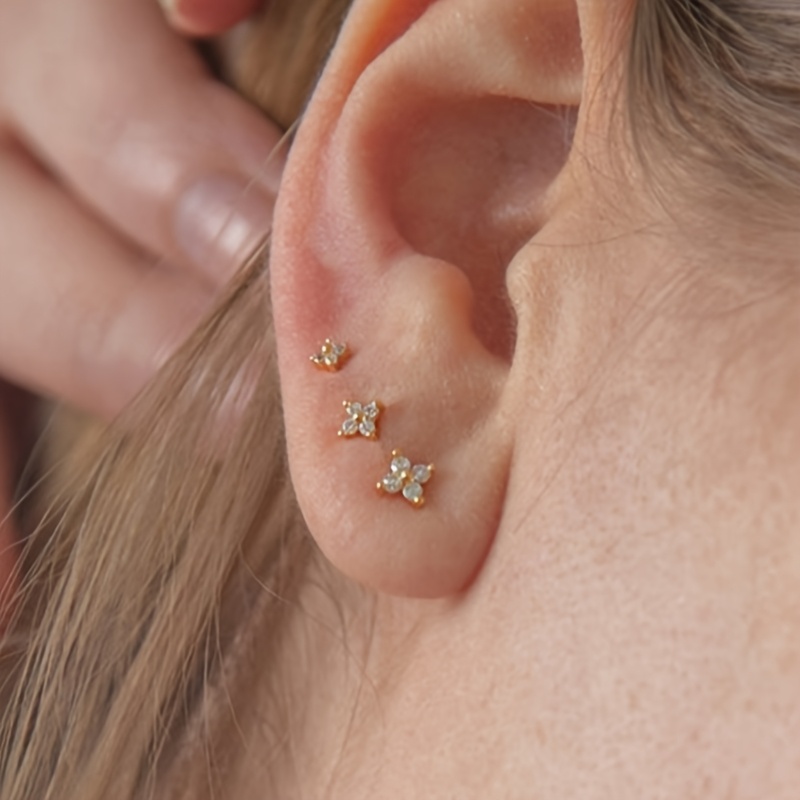 TEMU 3pcs Simple And Compact Four-petal Flower Copper Ear Studs, Suitable For Women' Casual Decoration, A Creative Jewelry Gift