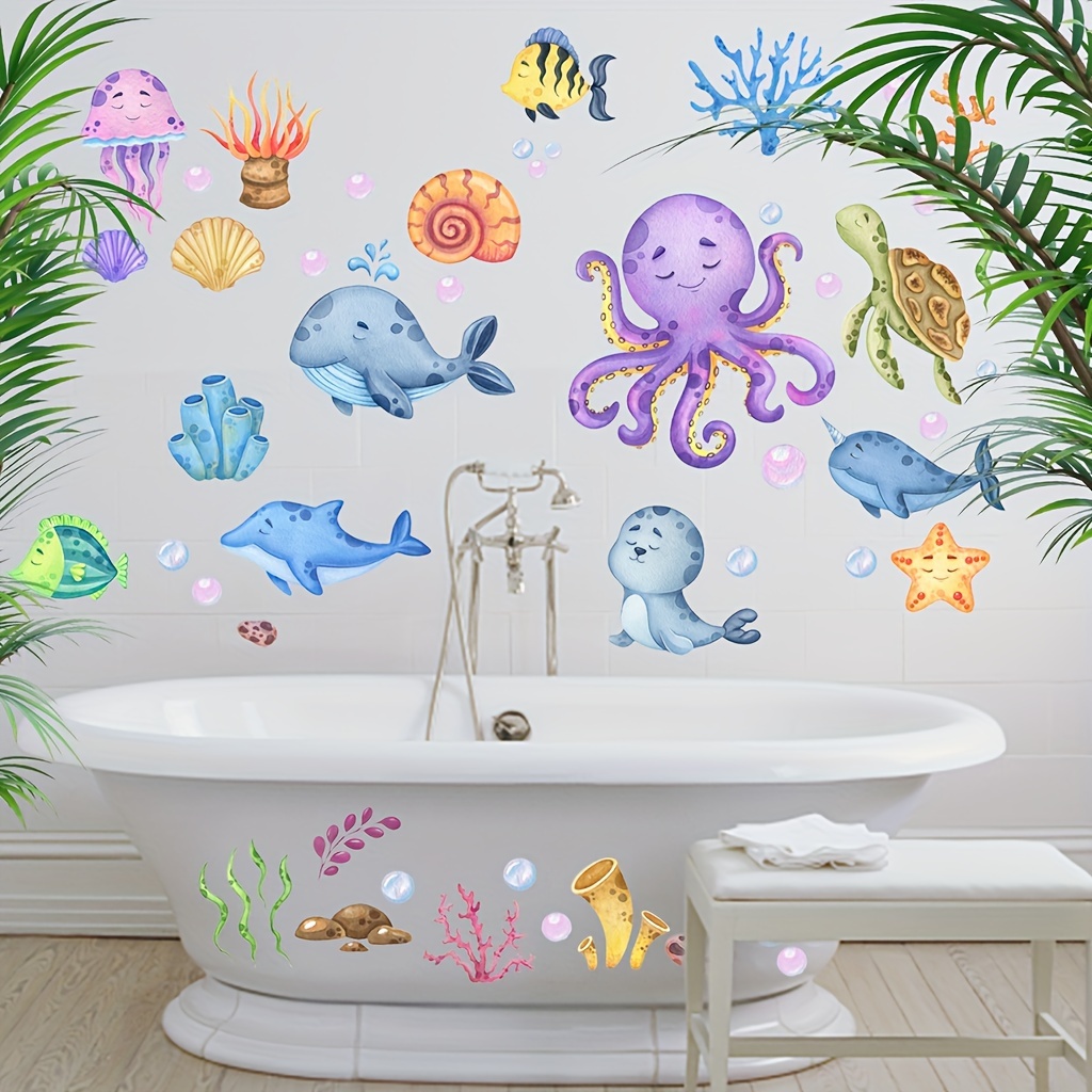 

Classic Ocean Life Wall Stickers, Sea Creatures Decals, Removable Polyvinyl Chloride Marine Animals, Single Use, Detachable, Self-adhesive Wall Decor For Nursery, Kids Room, And Bathroom