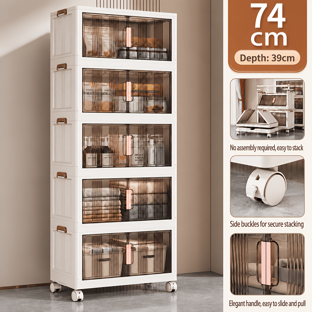 TEMU Meuble de rangement pliant pour bureau, options de largeur 74/62 cm, organisateur de maison empilable à 3/4/5 niveaux de grande avec portes