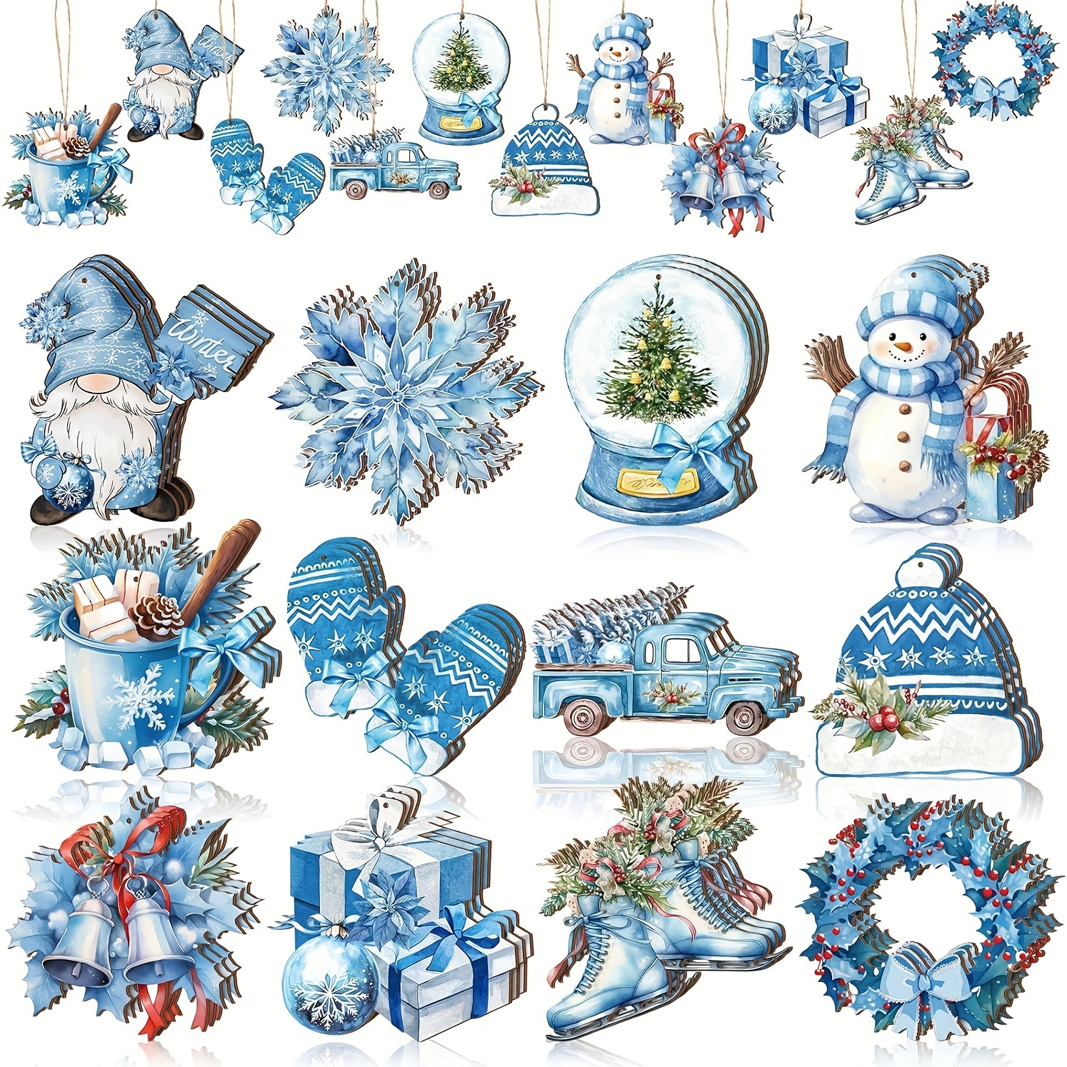 

24 Festive Wooden Ornaments For Christmas Tree: Small Blue Snowflakes, Gnomes, Snowmen, And More - Perfect For Holiday Decorating