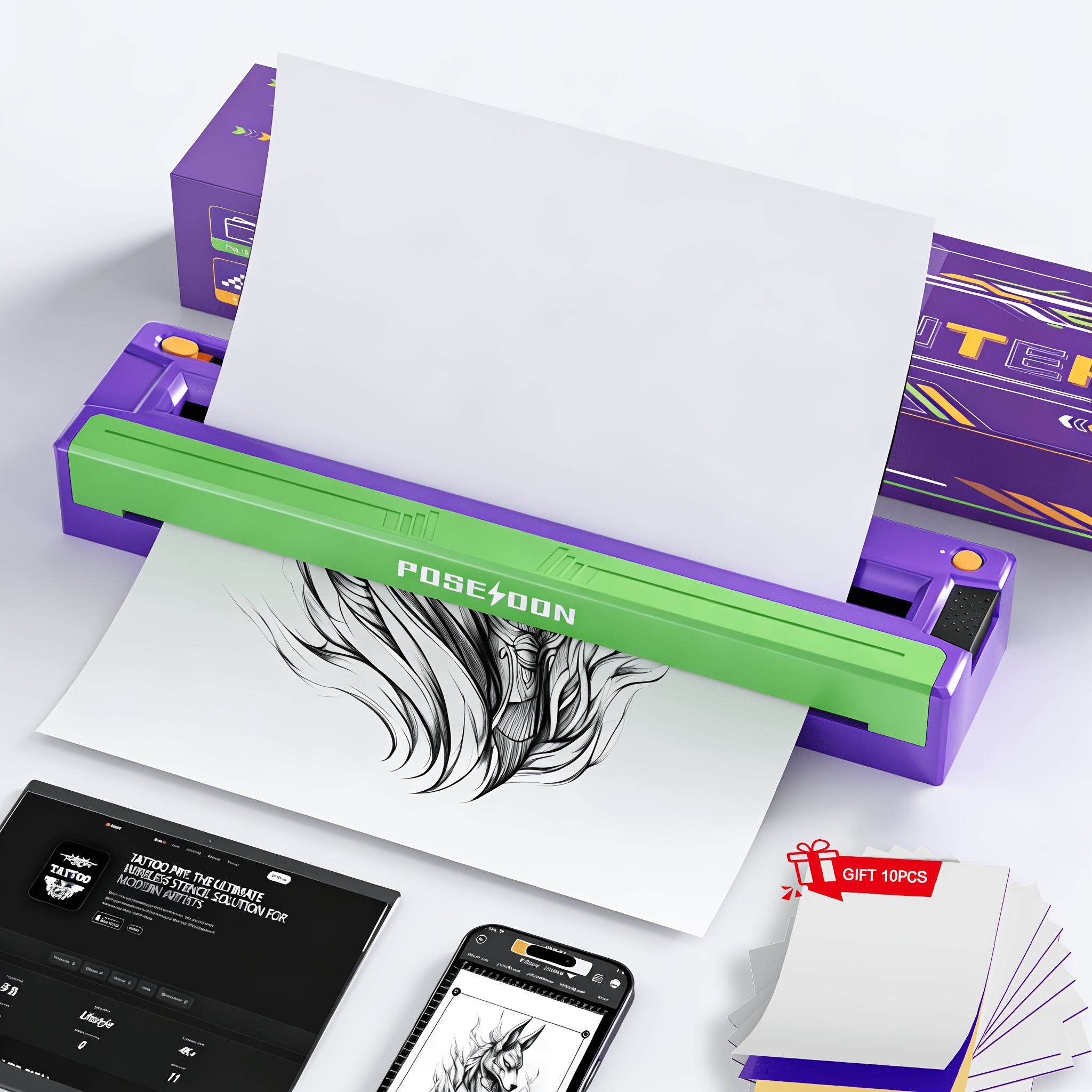 The Poseidon A4 Thermal Printer Connects Wirelessly To Mobile Devices And Works With And Ios. It With 10 Sheets Of Tattoo Paper And Is Specifically Tailored For