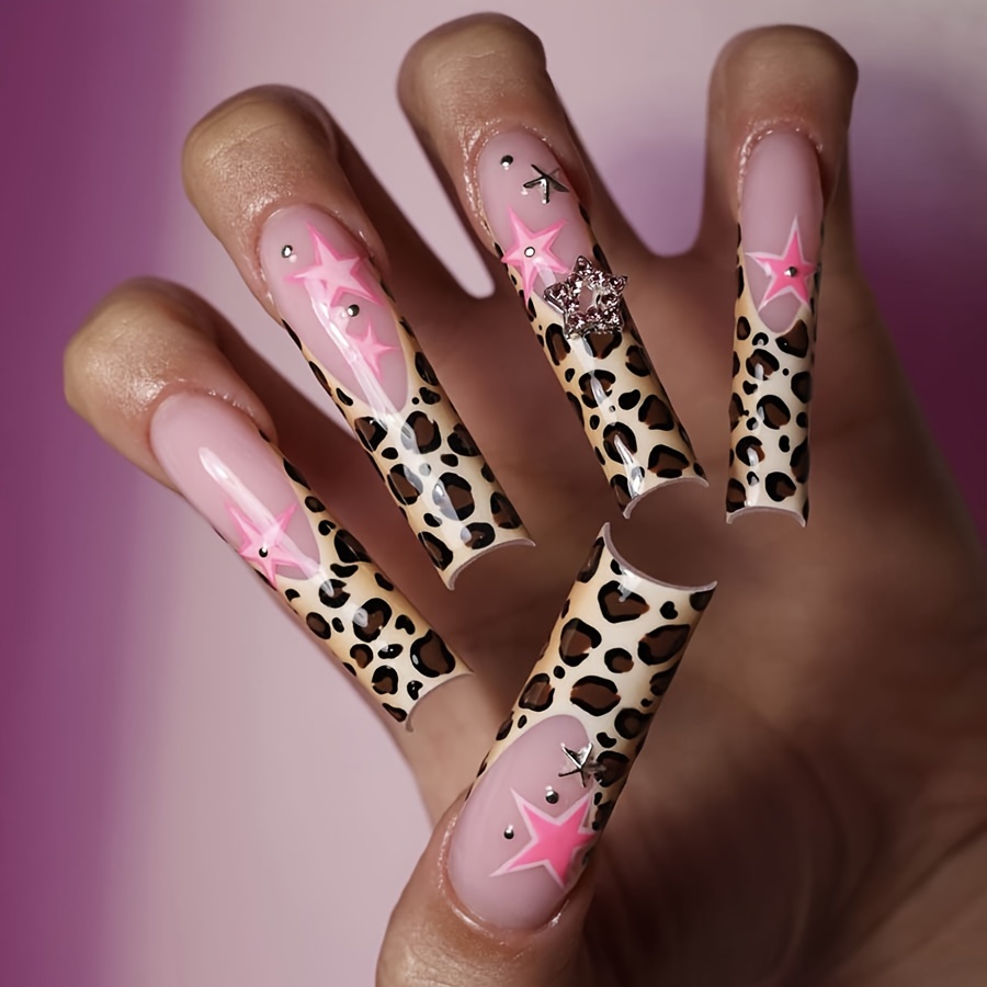 

24pcs Leopard Print Stiletto False Nails Kit, Long Coffin Shape Press-on Nails, Pink Star & Glitter Accents, Jelly Glue & Nail File Included, Perfect Gift