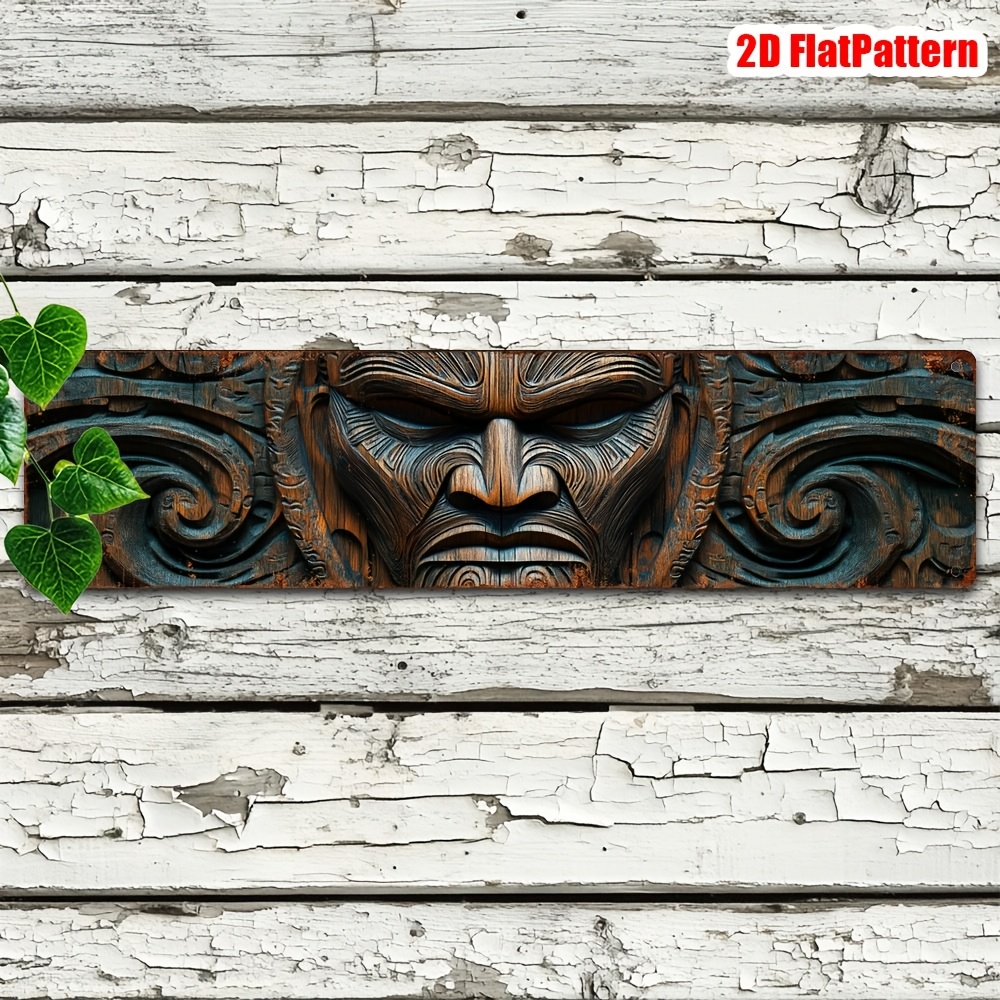 TEMU 2d Flat, 1pc, 2d Flat, Wood Carving Style, Maori Style, Masks, Metal Sign Outdoor Street Signs Yard Garage Garden Retro Metal Signs For Home
