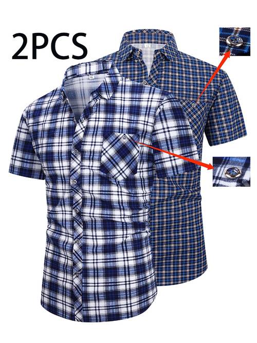 set of 2 short sleeve checkered shirts with buttons