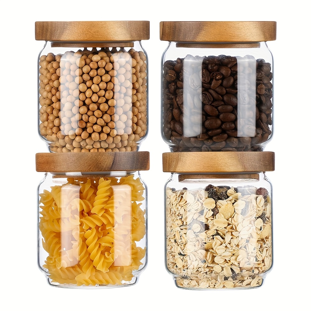 TEMU A Collection Of 4 15oz Borosilicate Glass Jars Designed For Kitchen Storage, Featuring Acacia Wood Lids, Suitable For Items Like Coffee Beans,