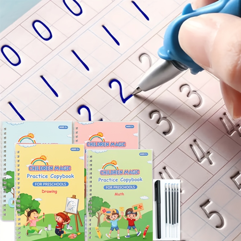 

4 Practice Notebooks + 5 Pen Refills + 1 Grip: Book For Beginners, A Tracing Book For Numbers , Fun Stickers With .